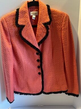 Talbots Vintage Coral Tweed Blazer Jacket with Black Fringe Trim - Size 6